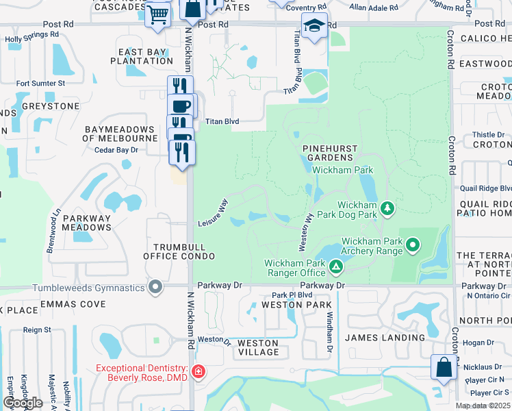 map of restaurants, bars, coffee shops, grocery stores, and more near 2815 Leisure Way in Melbourne