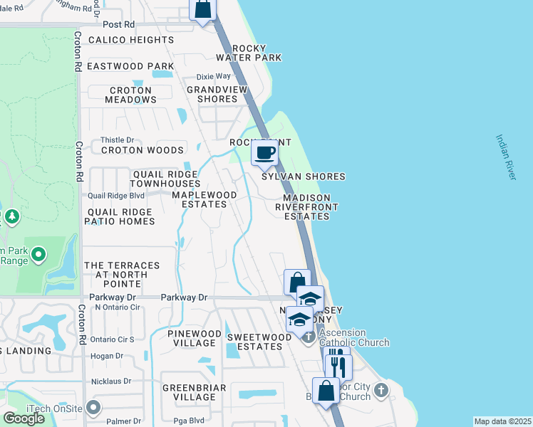 map of restaurants, bars, coffee shops, grocery stores, and more near 3397 Rivercrest Drive in Melbourne