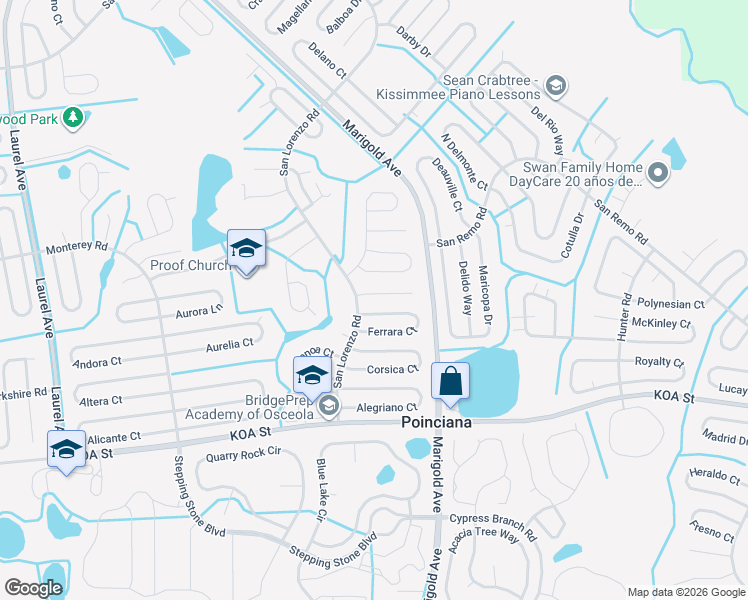 map of restaurants, bars, coffee shops, grocery stores, and more near 303 Mariana Way in Kissimmee
