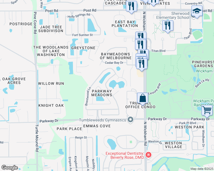 map of restaurants, bars, coffee shops, grocery stores, and more near 3479 Saddle Brook Drive in Melbourne