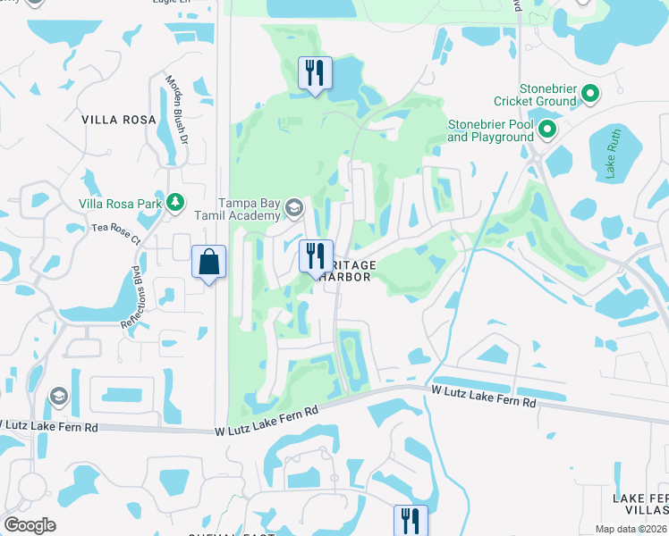 map of restaurants, bars, coffee shops, grocery stores, and more near 19301 Sea Mist Lane in Lutz