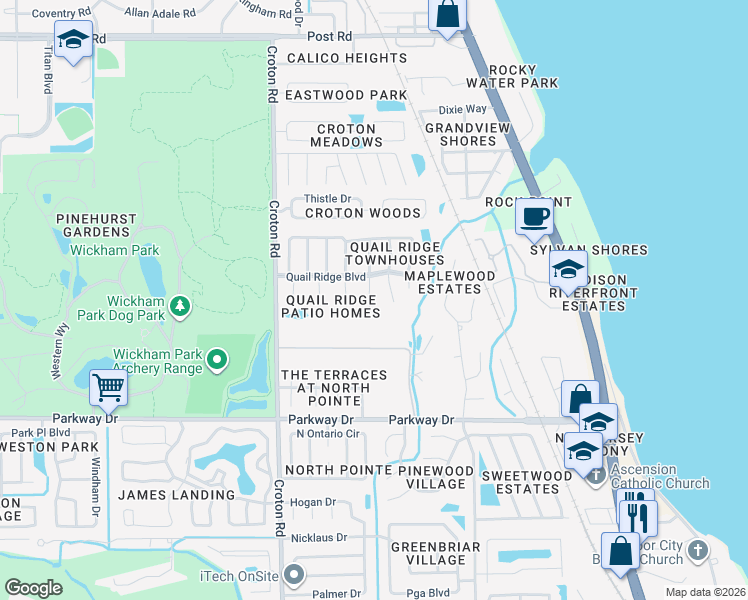 map of restaurants, bars, coffee shops, grocery stores, and more near 3447 Sandpiper Court in Melbourne