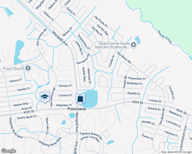 map of restaurants, bars, coffee shops, grocery stores, and more near 576 Maricopa Drive in Kissimmee