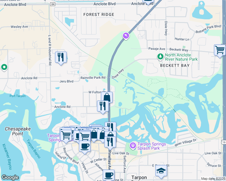 map of restaurants, bars, coffee shops, grocery stores, and more near 1310 Pinellas Avenue in Tarpon Springs