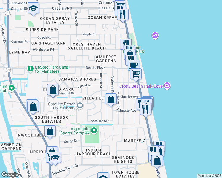 map of restaurants, bars, coffee shops, grocery stores, and more near 676 Verbenia Drive in Satellite Beach