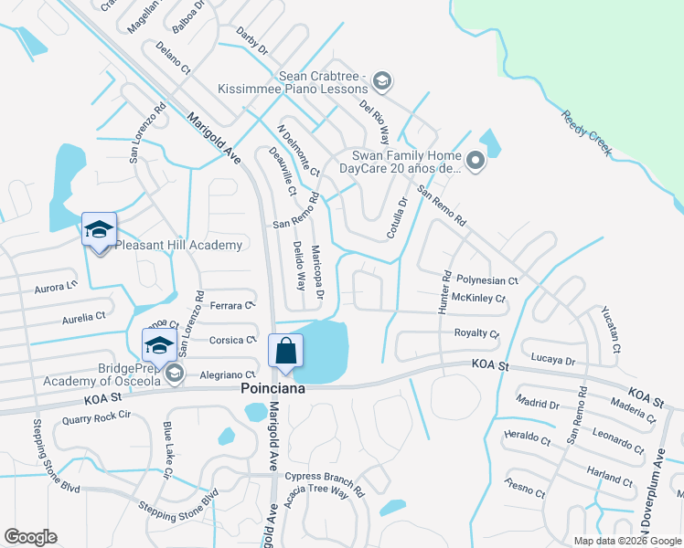 map of restaurants, bars, coffee shops, grocery stores, and more near 576 Maricopa Drive in Kissimmee