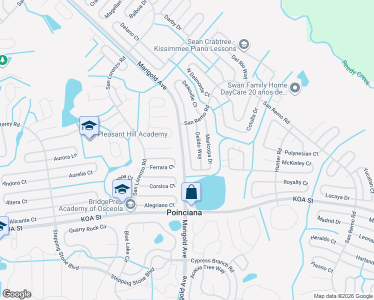 map of restaurants, bars, coffee shops, grocery stores, and more near 516 Maricopa Drive in Kissimmee