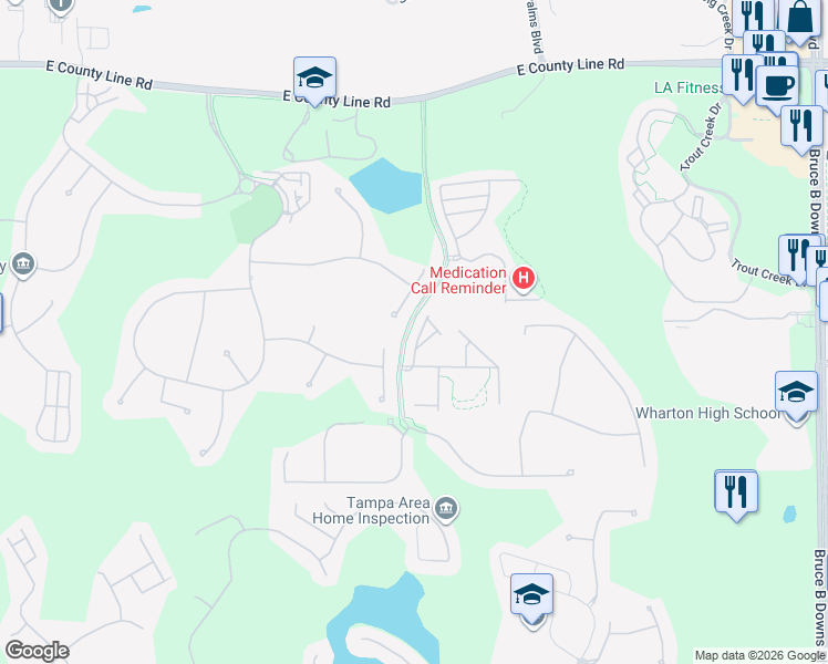 map of restaurants, bars, coffee shops, grocery stores, and more near 20203 Moss Hill Way in Tampa