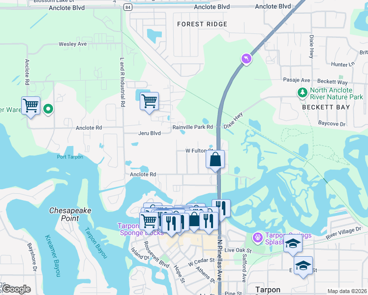 map of restaurants, bars, coffee shops, grocery stores, and more near 124 East Fulton Street in Tarpon Springs