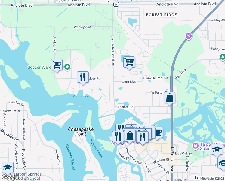 map of restaurants, bars, coffee shops, grocery stores, and more near 1202 Windy Bay Shoal in Tarpon Springs