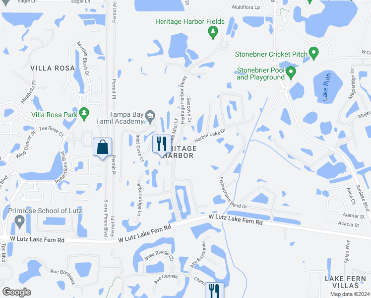 map of restaurants, bars, coffee shops, grocery stores, and more near 4230 Harbor Lake Drive in Lutz
