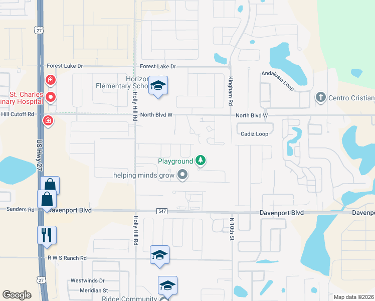 map of restaurants, bars, coffee shops, grocery stores, and more near 208 Bergamot Loop in Davenport