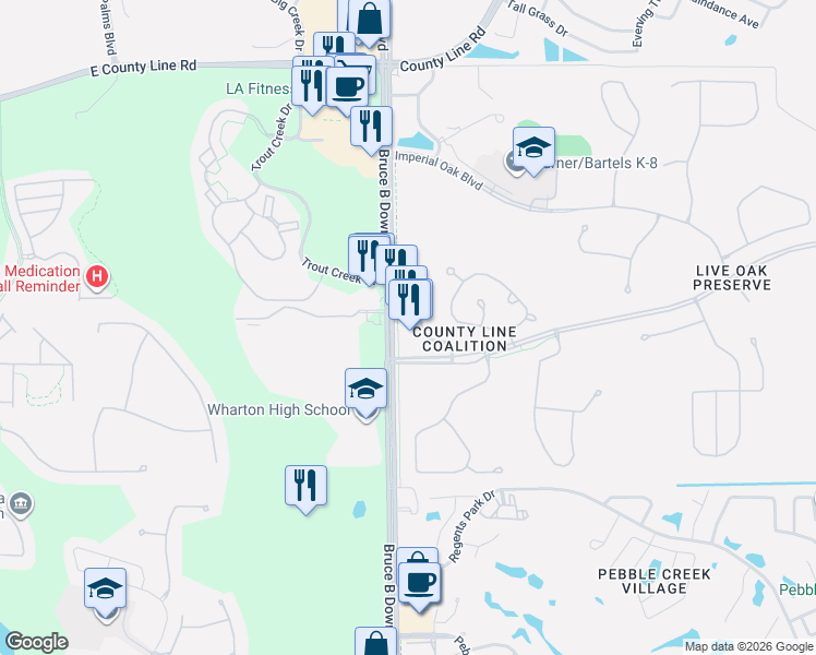 map of restaurants, bars, coffee shops, grocery stores, and more near 20323 Bruce B Downs Boulevard in Tampa
