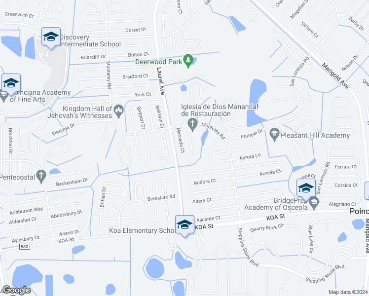 map of restaurants, bars, coffee shops, grocery stores, and more near 617 Mercado Court in Kissimmee