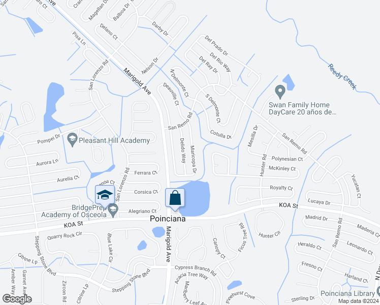 map of restaurants, bars, coffee shops, grocery stores, and more near 577 Maricopa Drive in Kissimmee