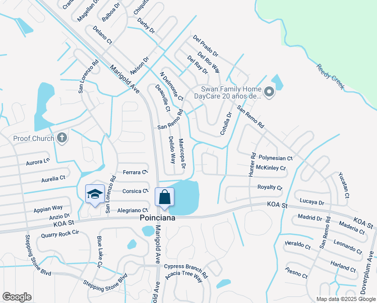 map of restaurants, bars, coffee shops, grocery stores, and more near 576 Maricopa Drive in Kissimmee
