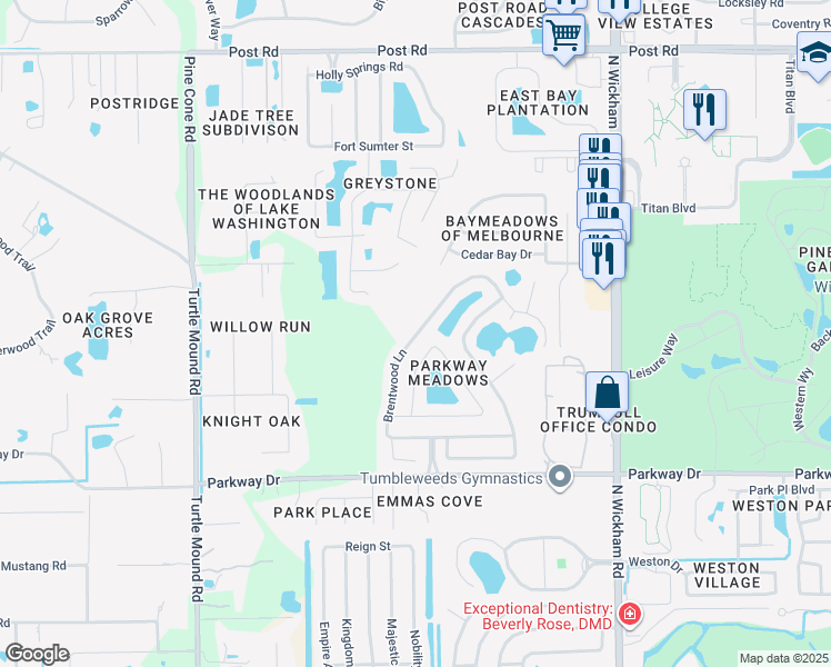 map of restaurants, bars, coffee shops, grocery stores, and more near Brentwood Lane in Melbourne