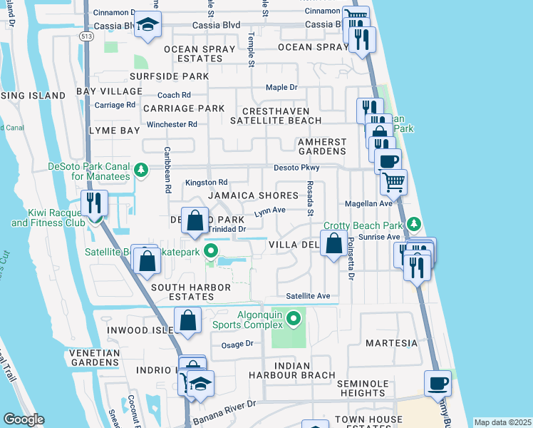 map of restaurants, bars, coffee shops, grocery stores, and more near 305 Trinidad Drive in Satellite Beach