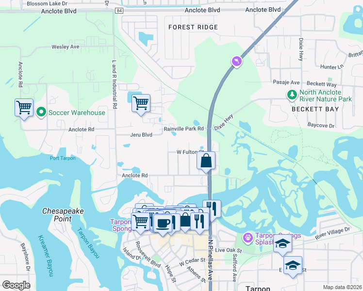 map of restaurants, bars, coffee shops, grocery stores, and more near 124 East Fulton Street in Tarpon Springs