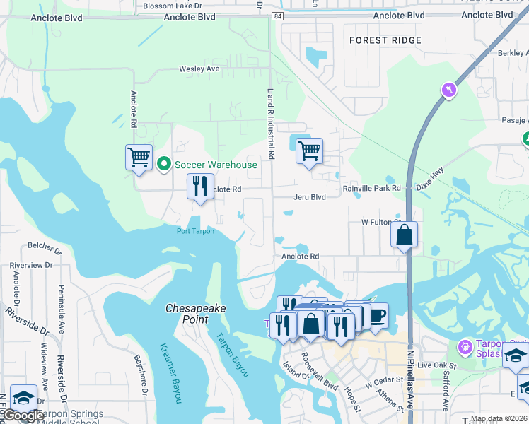 map of restaurants, bars, coffee shops, grocery stores, and more near 1202 Windy Bay Shoal in Tarpon Springs