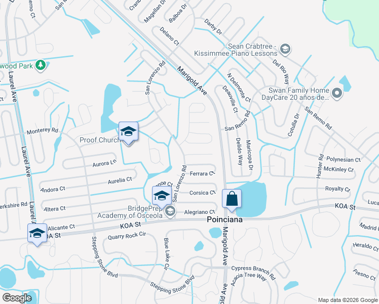 map of restaurants, bars, coffee shops, grocery stores, and more near 303 Mariana Way in Kissimmee