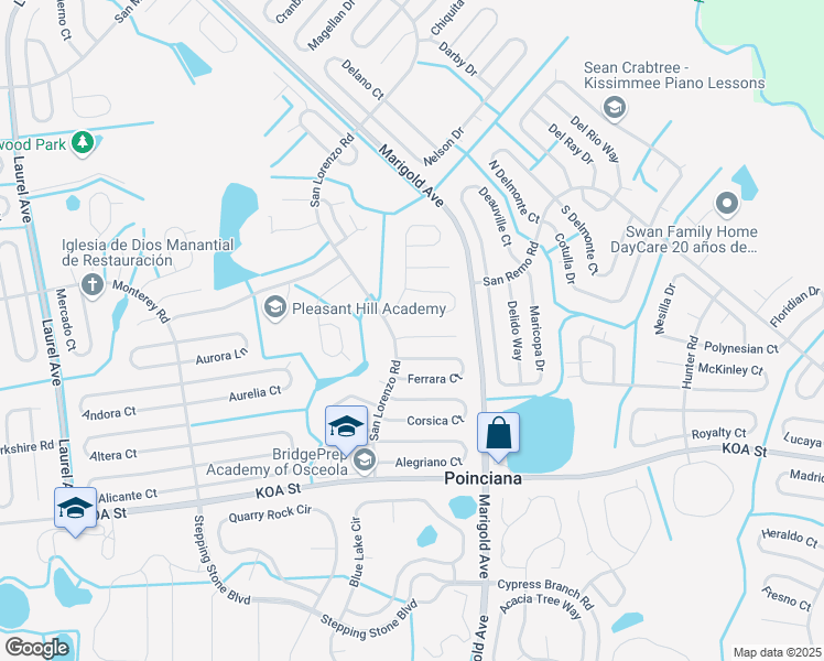 map of restaurants, bars, coffee shops, grocery stores, and more near 305 Mariana Way in Kissimmee