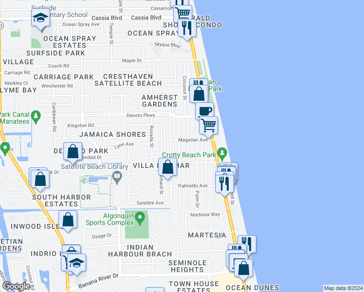 map of restaurants, bars, coffee shops, grocery stores, and more near 661 Poinsetta Drive in Satellite Beach