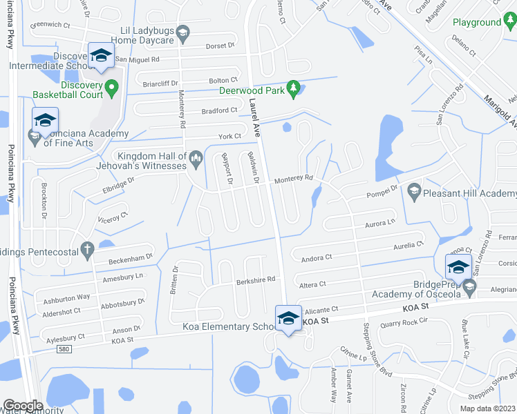 map of restaurants, bars, coffee shops, grocery stores, and more near 512 Brentford Court in Kissimmee
