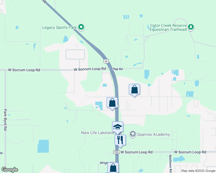 map of restaurants, bars, coffee shops, grocery stores, and more near 8936 US Highway 98 North in Lakeland