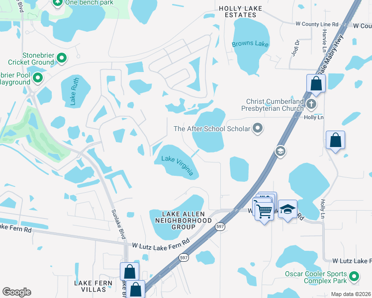 map of restaurants, bars, coffee shops, grocery stores, and more near 19254 Blount Road in Lutz