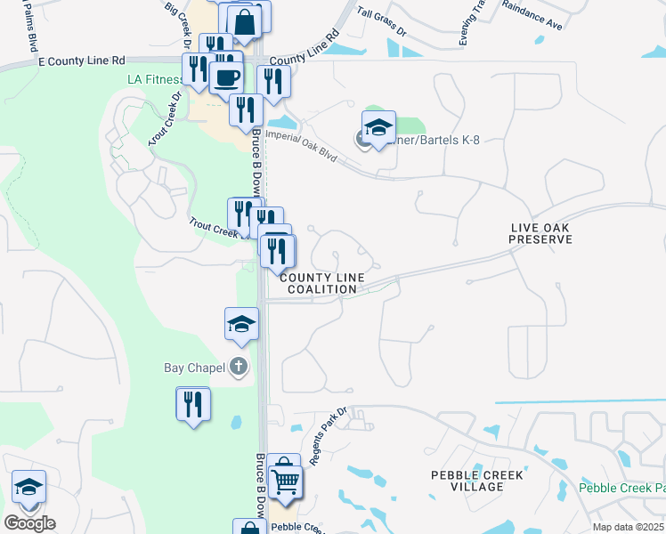 map of restaurants, bars, coffee shops, grocery stores, and more near 20304 Oak Key Court in Tampa