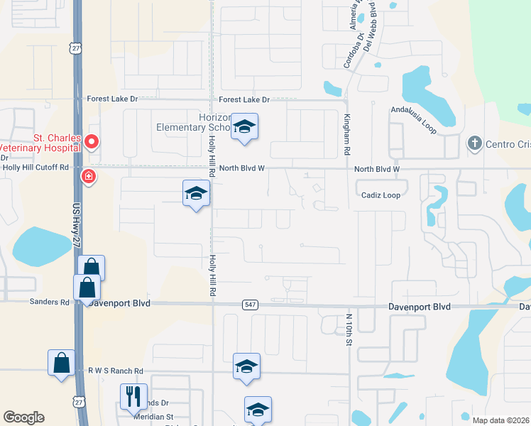 map of restaurants, bars, coffee shops, grocery stores, and more near 385 Citrus Pointe Drive in Davenport