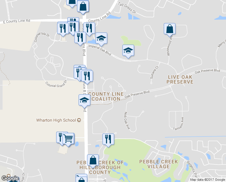 map of restaurants, bars, coffee shops, grocery stores, and more near 20304 Oak Key Court in Tampa