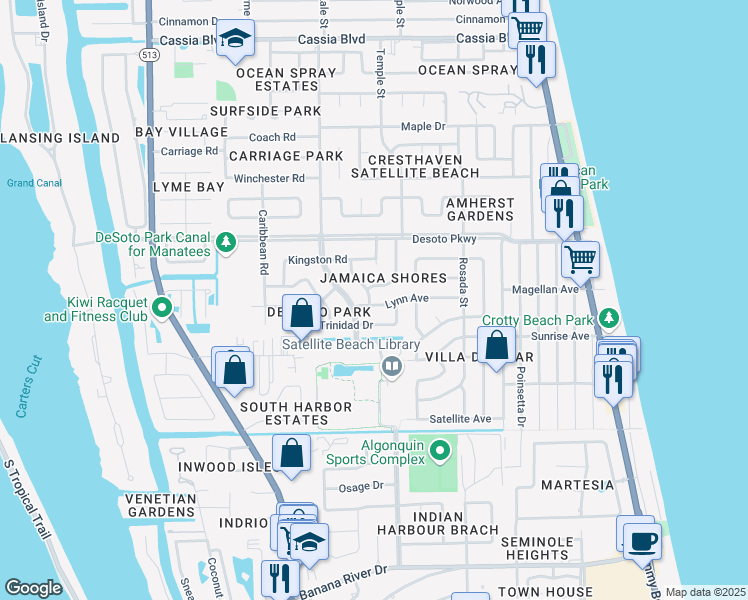 map of restaurants, bars, coffee shops, grocery stores, and more near 350 Lynn Avenue in Satellite Beach