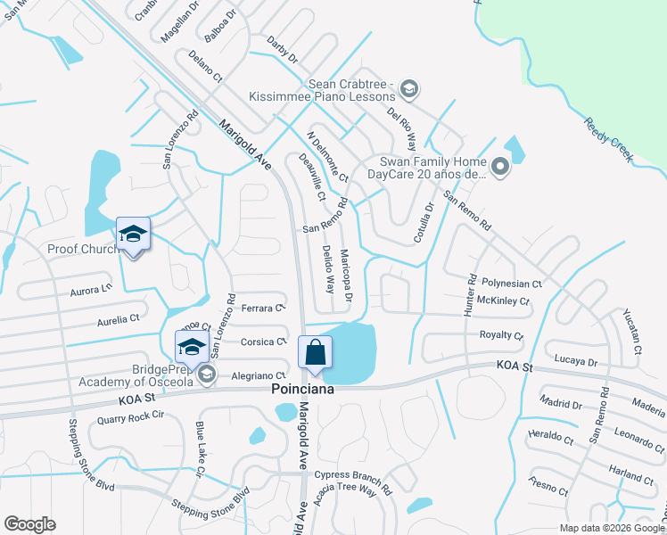 map of restaurants, bars, coffee shops, grocery stores, and more near 517 Delido Way in Kissimmee