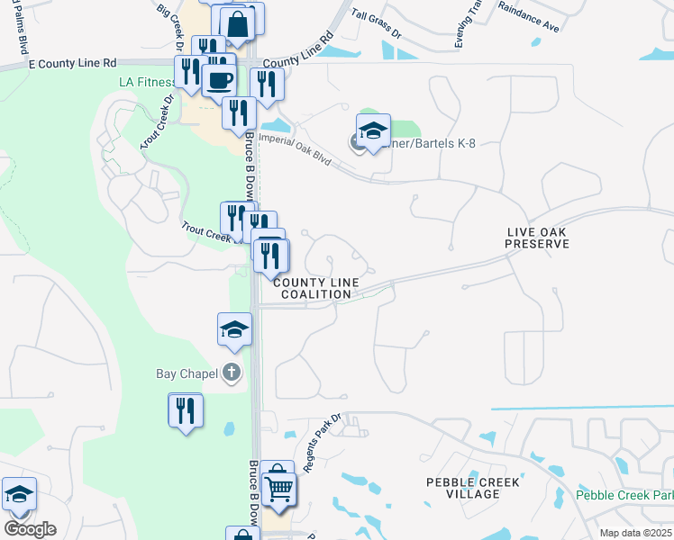 map of restaurants, bars, coffee shops, grocery stores, and more near 20304 Oak Key Court in Tampa