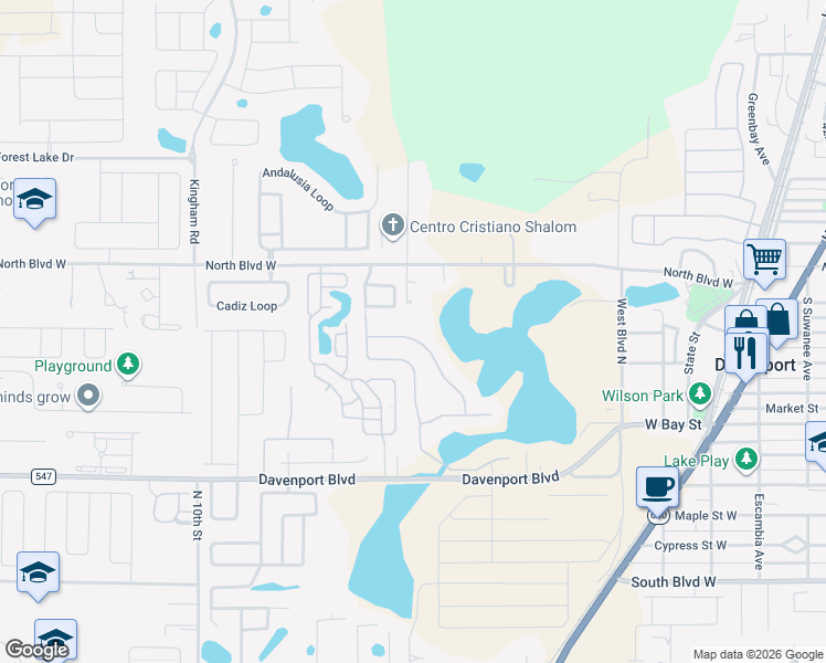 map of restaurants, bars, coffee shops, grocery stores, and more near 430 Lake Davenport Circle in Davenport