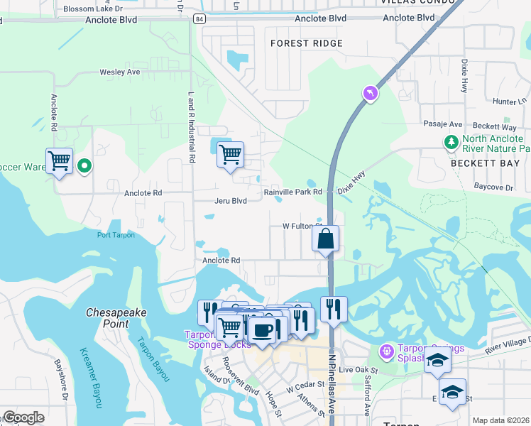 map of restaurants, bars, coffee shops, grocery stores, and more near 1341 Grove Avenue in Tarpon Springs