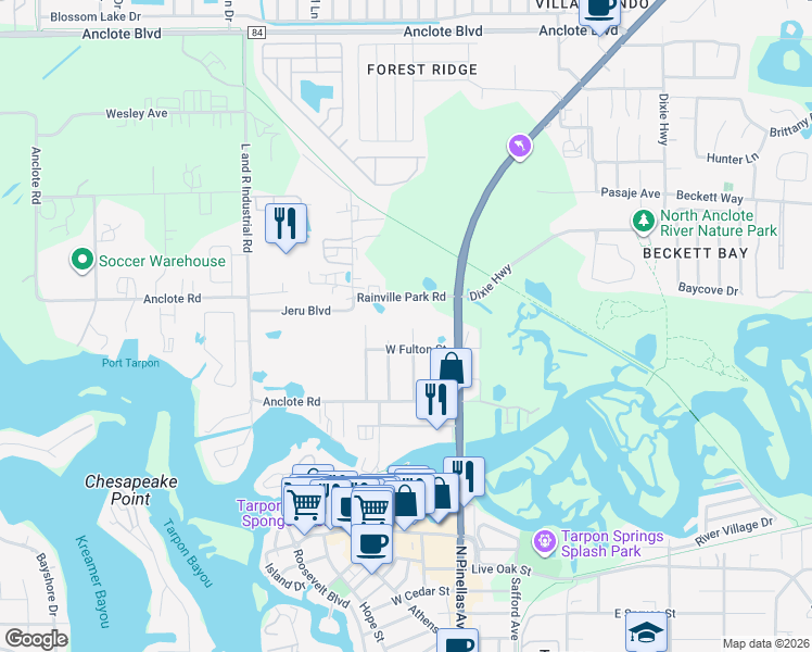map of restaurants, bars, coffee shops, grocery stores, and more near 124 East Fulton Street in Tarpon Springs