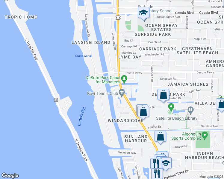 map of restaurants, bars, coffee shops, grocery stores, and more near 711 Tradewinds Drive in Indian Harbour Beach