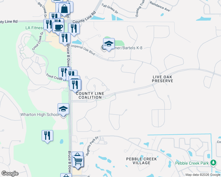 map of restaurants, bars, coffee shops, grocery stores, and more near 20221 Vintage Oaks Place in Tampa
