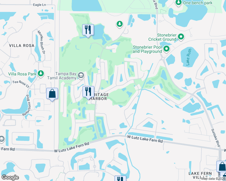 map of restaurants, bars, coffee shops, grocery stores, and more near 4220 Harbor Lake Drive in Lutz