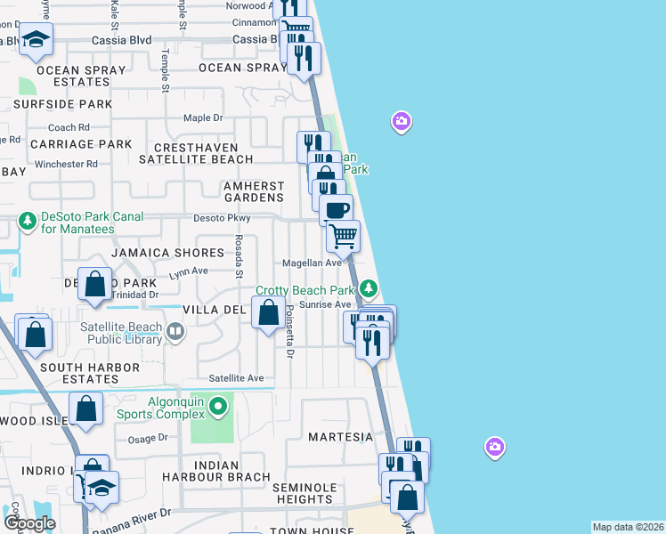 map of restaurants, bars, coffee shops, grocery stores, and more near 654 Atlantic Drive in Satellite Beach