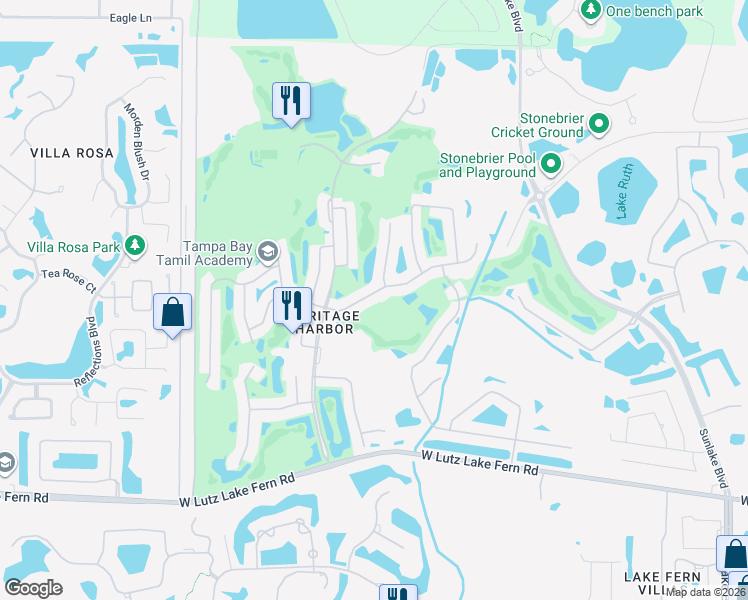 map of restaurants, bars, coffee shops, grocery stores, and more near 4210 Harbor Lake Drive in Lutz