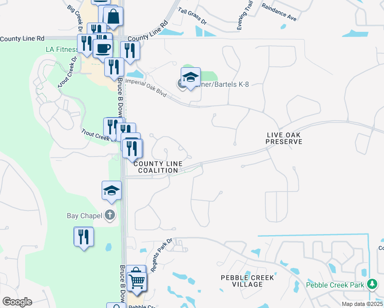 map of restaurants, bars, coffee shops, grocery stores, and more near 20225 Vintage Oak Place in Tampa