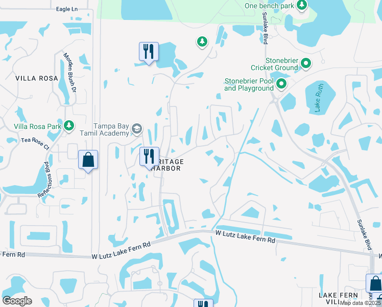 map of restaurants, bars, coffee shops, grocery stores, and more near 4210 Harbor Lake Drive in Lutz