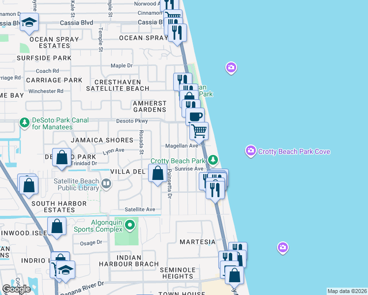 map of restaurants, bars, coffee shops, grocery stores, and more near 652 Palm Drive in Satellite Beach