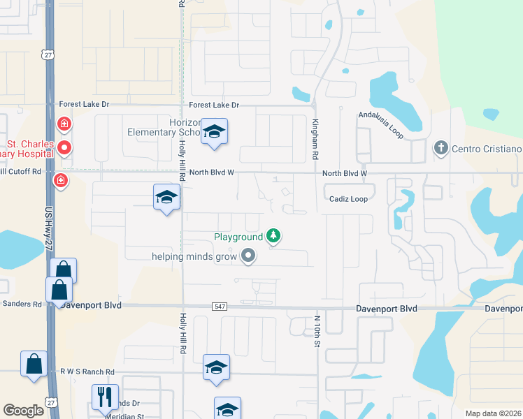 map of restaurants, bars, coffee shops, grocery stores, and more near 208 Bergamot Loop in Davenport