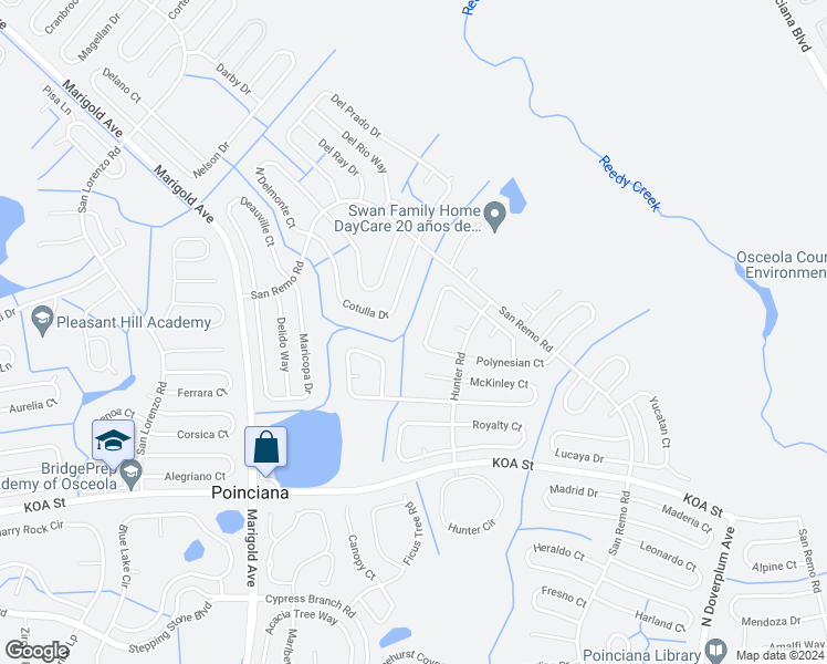 map of restaurants, bars, coffee shops, grocery stores, and more near 624 Mesilla Drive in Kissimmee