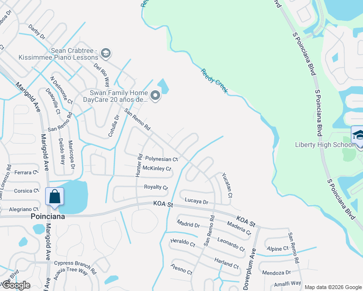 map of restaurants, bars, coffee shops, grocery stores, and more near 605 Floridian Drive in Kissimmee
